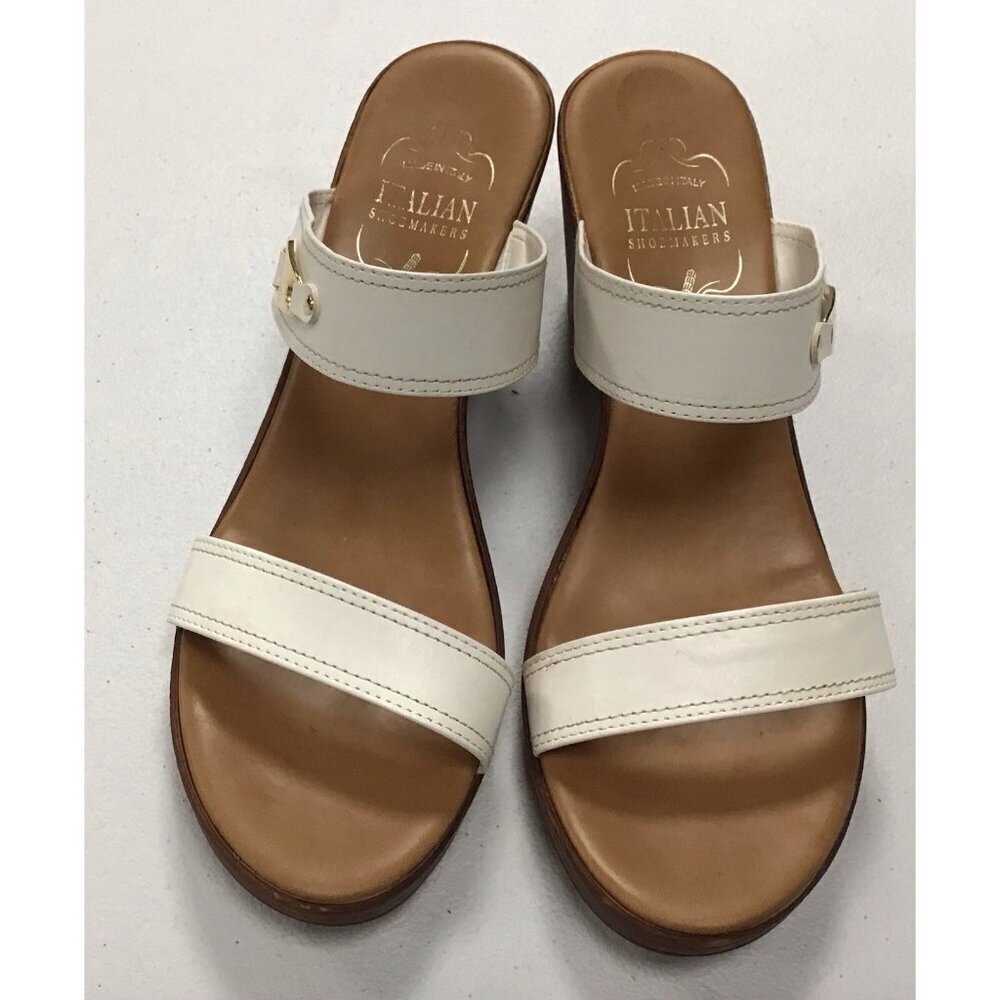 Classic Italian Shoemakers Women's White/Tan/Gold Slip-on Wedge Sandals Size 10